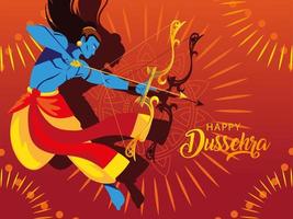 poster of lord Rama with bow and arrow, text happy Dussehra vector