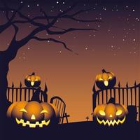 calabazas en el cementerio con fondo oscuro halloween vector