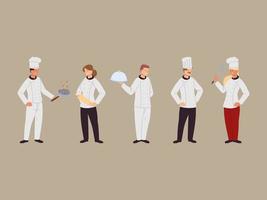 Grupo de chefs con uniforme en diferentes poses. vector