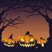 poster with pumpkins in dark halloween night vector