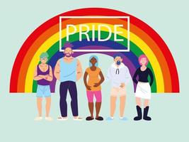personas con fondo de arco iris, símbolo del orgullo gay vector