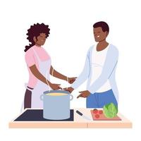 Par de personas preparando sopa sobre fondo blanco. vector