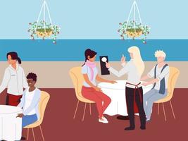 group of people sit at table and order meal vector