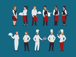 conjunto de chefs y camareros con uniformes de trabajo. vector