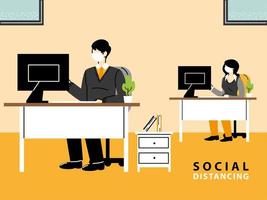 businessman and woman wear face masks and keep distance away in office vector