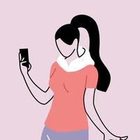 young woman standing holding a smartphone in his hand vector