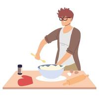 young man preparing a cake in white background vector