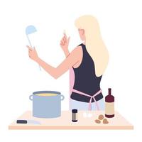 Mujer preparando sopa en fondo blanco. vector