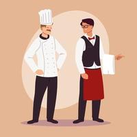 chef y camarero en uniforme de trabajo vector