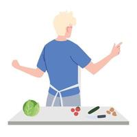 Hombre preparando una ensalada en fondo blanco. vector