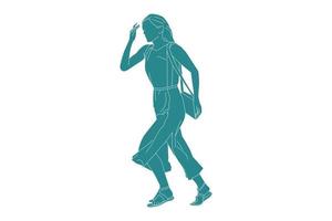 Vector illustration of casual woman in hurry, Flat style with outline