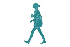Vector illustration of fashionable woman walking with hot coffee, Flat style with outline