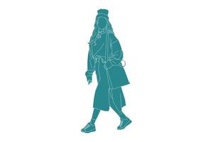 Vector illustration of fashionable woman walking on the sideroad, Flat style with outline