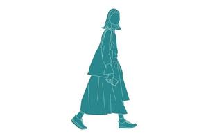 Ilustración vectorial de mujer elegante caminando por la calle lateral, estilo plano con contorno vector