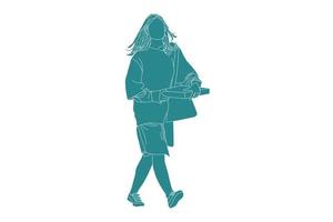 Vector illustrasion of woman bring pizza, Flat style with outline