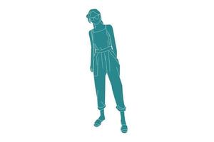 Vector illustration of Fashionable Woman Posing, Flat style with outline