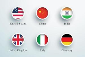 National Flags Round 3d Button Circle Icons Vector Set