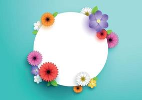 Colorful Flowers and Leaves Dotted Around 3d White Circle vector