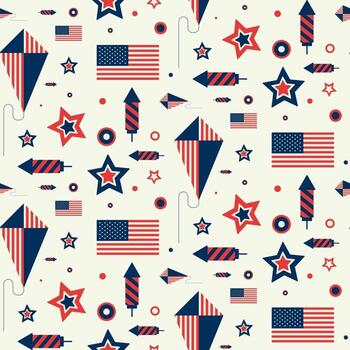 Seamless pattern with US flag, kite and firework. vector