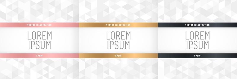 Set of abstract luxury white grey triangle pattern design background with copy space. Modern and minimal rose gold, golden and carbon frame.