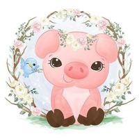 Cute little pig illustration in watercolor vector