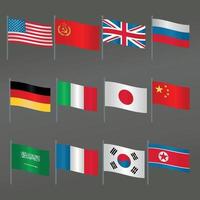 conjunto de colección de los 12 iconos de mástiles de bandera más grandes de países que han influido mucho en el vector plano mundial