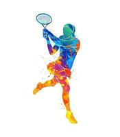 Abstract tennis player with a racket from splash of watercolors. Vector illustration of paints.