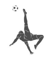 Silueta de jugador de fútbol disparar rápidamente una pelota sobre un fondo blanco ilustración vectorial. vector