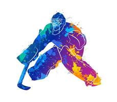 Abstract hockey goalkeeper from splash of watercolors. Vector illustration of paints.