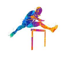 Abstract man jumping over hurdles from splash of watercolors. Vector illustration of paints.