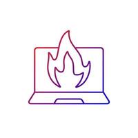 Computer burning gradient linear vector icon. Hardware crash, overheating issue. Burning laptop, PC problems. Thin line color symbols. Modern style pictogram. Vector isolated outline drawing