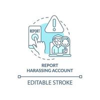 Reporting harassing account concept icon. Cyberbullying prevention idea thin line illustration. Blocking users with malicious communications. Vector isolated outline RGB color drawing. Editable stroke