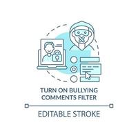 Turning on bullying comments filter concept icon. Cyberbullying prevention idea thin line illustration. Hiding harassing messages. Vector isolated outline RGB color drawing. Editable stroke