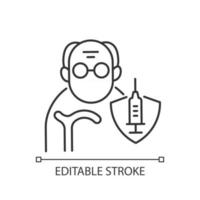 Vaccination of elderly people linear icon. Priority list age group. Senior for vaccine injection. Thin line customizable illustration. Contour symbol. Vector isolated outline drawing. Editable stroke