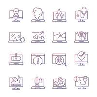 Computer problem gradient linear vector icons set. Laptop not starting, screen error. System failure. Hardware crash. Thin line contour symbols bundle. Isolated vector outline illustrations collection