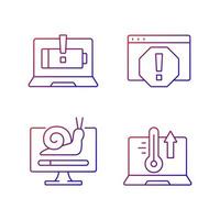 Computer errors gradient linear vector icons set. Battery not charging. System error window. Slow processing. Thin line contour symbols bundle. Isolated vector outline illustrations collection