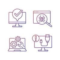 Computer diagnostics gradient linear vector icons set. Laptop maintenance. Virus search. USB cable disconnect. Thin line contour symbols bundle. Isolated vector outline illustrations collection