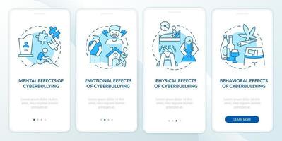 Cyberhumiliation outcomes onboarding mobile app page screen with concepts. Mental health effects walkthrough 4 steps graphic instructions. UI, UX, GUI vector template with linear color illustrations