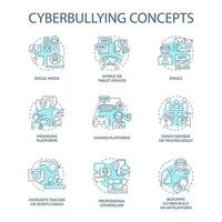 Cyberbullying concept icons set. Harassing people online idea thin line RGB color illustrations. Social media. Family member, trusted adult. Vector isolated outline drawings. Editable stroke