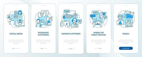 canales de ciberhumillación incorporando la pantalla de la página de la aplicación móvil con conceptos. Plataformas de mensajería tutorial Instrucciones gráficas de 5 pasos. ui, ux, plantilla de vector de interfaz gráfica de usuario con ilustraciones en color lineal