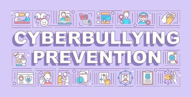 Cyberbullying prevention word concepts banner. Personal stuff privacy. Awareness. Infographics with linear icons on purple background. Isolated typography. Vector outline RGB color illustration