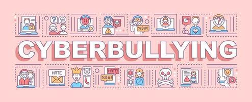 banner de conceptos de palabra cyberbullying. difundir mentiras y amenazas en línea. humillación cibernética. infografías con iconos lineales sobre fondo rosa. tipografía aislada. Ilustración de color rgb de contorno vectorial vector