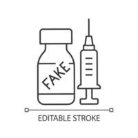 Fake vaccine linear icon. False covid drug. Fraudulent medication. Disease treatment problem. Thin line customizable illustration. Contour symbol. Vector isolated outline drawing. Editable stroke