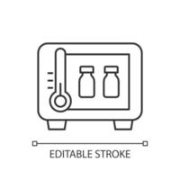 icono lineal de almacenamiento de vacunas. refrigerador con viales de medicamentos. almacenamiento de suministros farmacéuticos. Ilustración personalizable de línea fina. símbolo de contorno. dibujo de contorno aislado vectorial. trazo editable vector