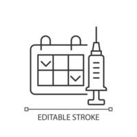 Two dose vaccination linear icon. Schedule for drug injection. 2 doze vaccine schedule. Thin line customizable illustration. Contour symbol. Vector isolated outline drawing. Editable stroke