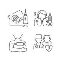 Vaccine inoculation linear icons set. Fake vaccinated tourist passport. Fear of needle. Priority list. Customizable thin line contour symbols. Isolated vector outline illustrations. Editable stroke