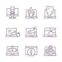 Computer damage gradient linear vector icons set. Burning notebook. smoke from keyboard. Crashed monitor screen. Thin line contour symbols bundle. Isolated vector outline illustrations collection