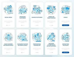 fuentes de ciberacoso incorporando la pantalla de la página de la aplicación móvil con el conjunto de conceptos. informe de incidencias tutorial 5 pasos instrucciones gráficas. ui, ux, plantilla de vector de interfaz gráfica de usuario con ilustraciones en color lineal