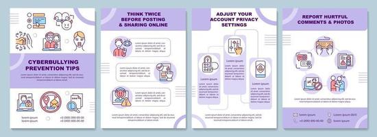 Cyberbullying prevention tips brochure template. Reporting, privacy. Flyer, booklet, leaflet print, cover design with linear icons. Vector layouts for presentation, annual reports, advertisement pages