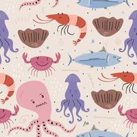 Seafood or sea animals pattern in scandinavian or childish style isolated on white background. vector